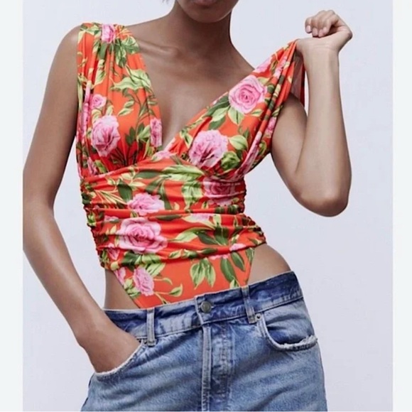 Zara Tops - Zara Floral Bodysuit - Orange and Pink